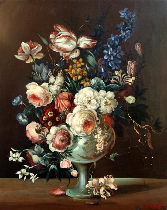 After Edward Ladell (1821-1886) Still life of flowers in a vase on a ledge 59 x 47cm